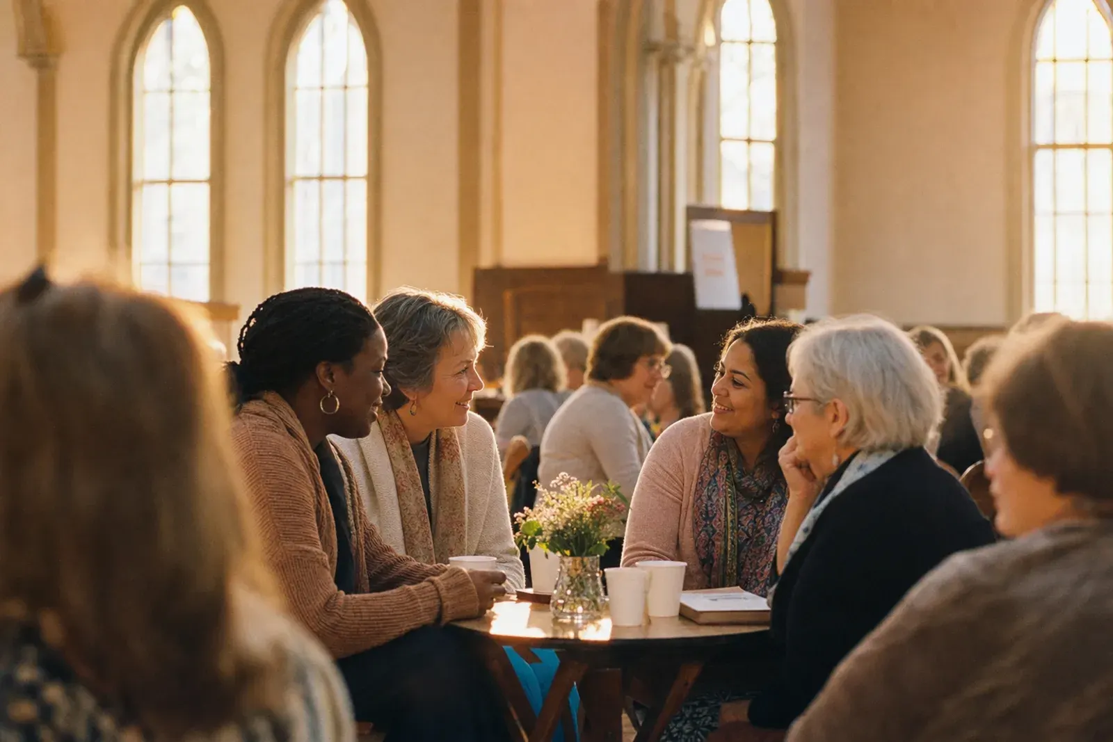 A warm community gathering in a sunlit hall